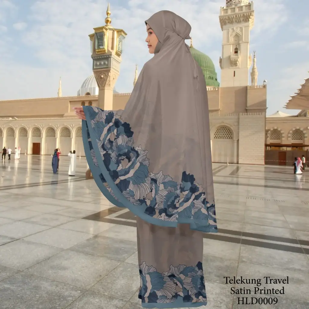 Telekung Travel Satin Printed (Awning Moss Crepe Berdagu) in HLD0009