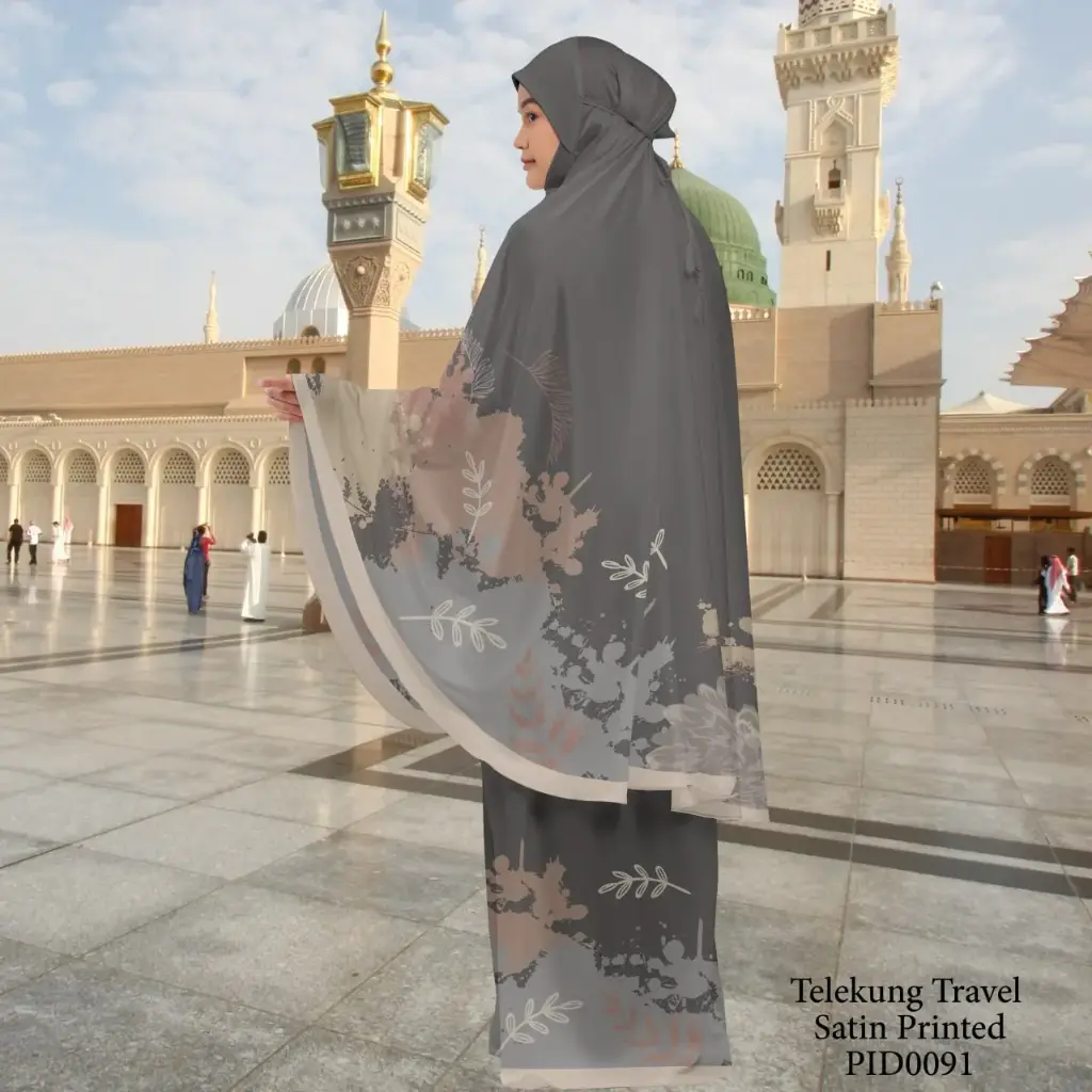 Telekung Travel Satin Printed (Awning Moss Crepe Berdagu) in PID0091